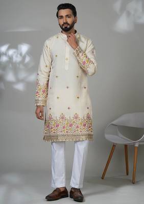 White shimmer embroidered kurta pajama for mens 1