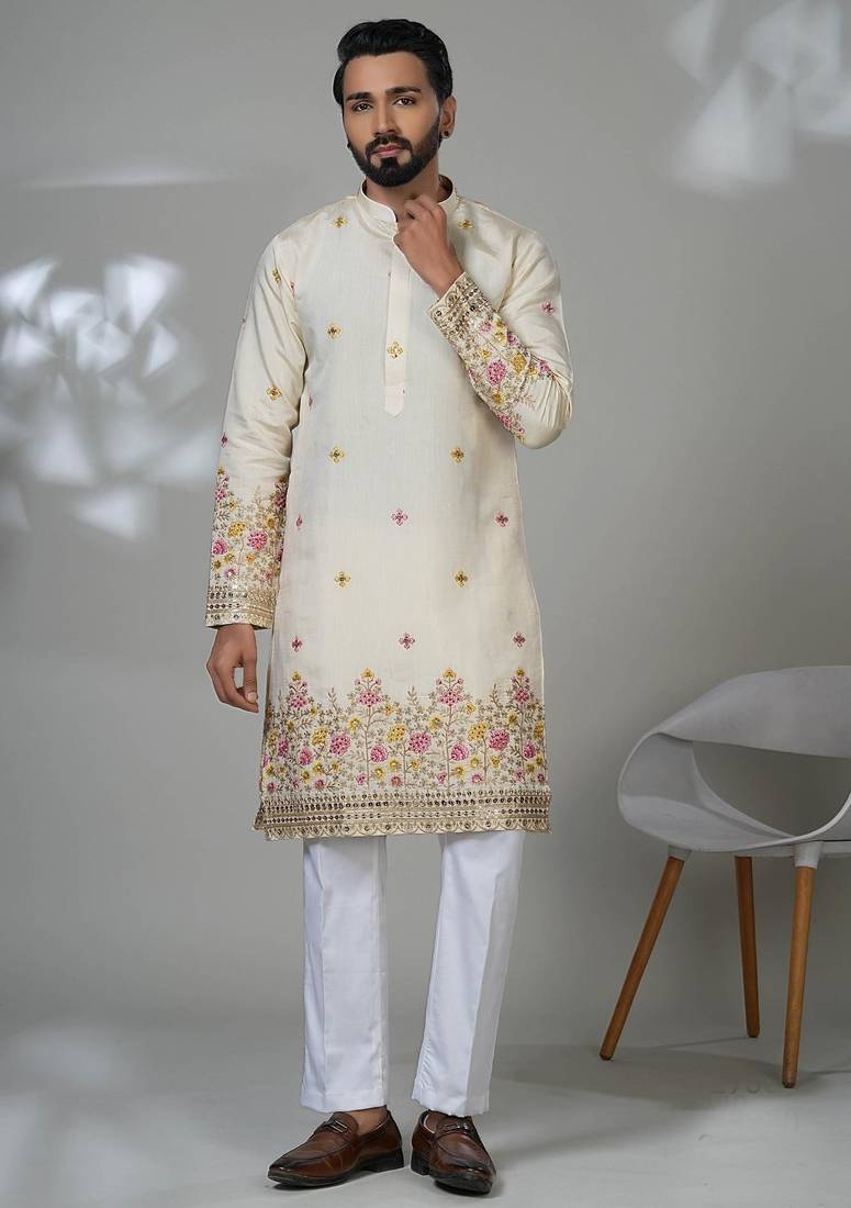 White shimmer embroidered kurta pajama for mens