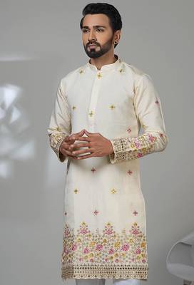White shimmer embroidered kurta pajama for mens 2