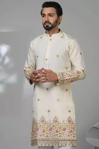 White shimmer embroidered kurta pajama for mens