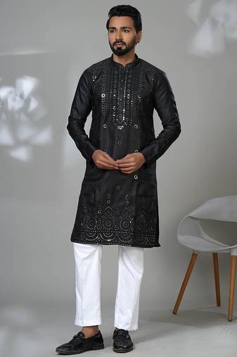 Black silk embroidered kurta pajama for mens