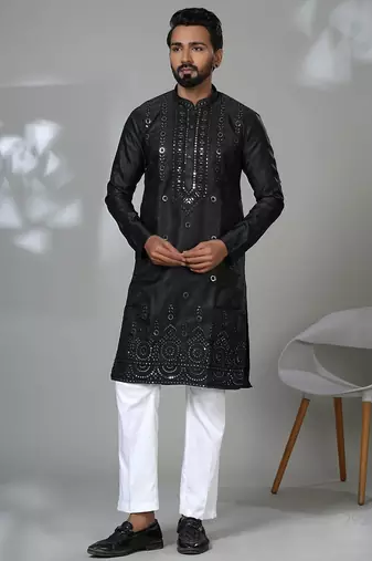 Black silk embroidered kurta pajama for mens