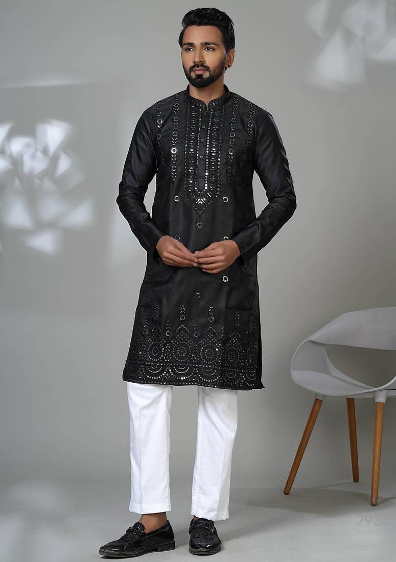 Black silk embroidered kurta pajama for mens