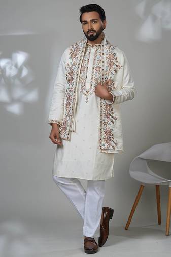 White blended cotton embroidered kurta pajama for mens