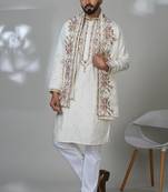White blended cotton embroidered kurta pajama for mens