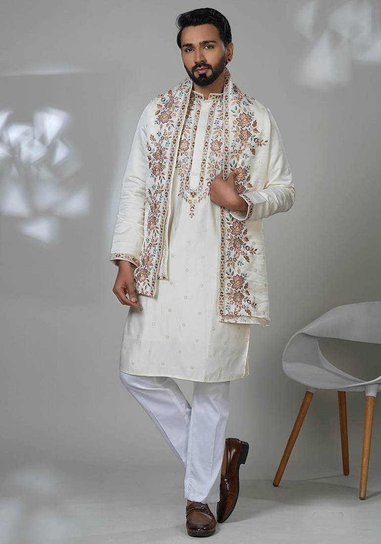 White blended cotton embroidered kurta pajama for mens