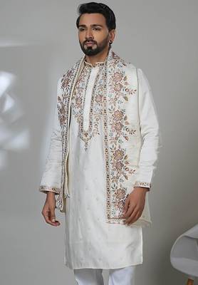 White blended cotton embroidered kurta pajama for mens 2