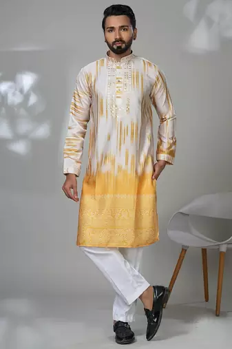 Yellow blended cotton embroidered kurta pajama for mens