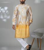 Yellow blended cotton embroidered kurta pajama for mens