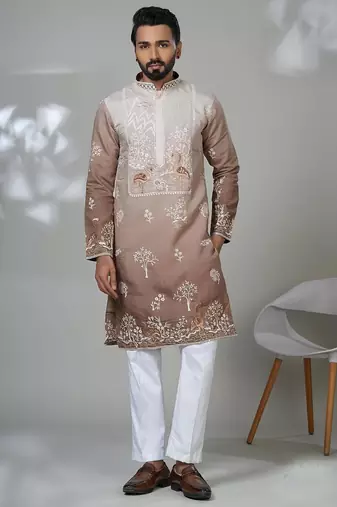 Multicolor blended cotton embroidered kurta pajama for mens