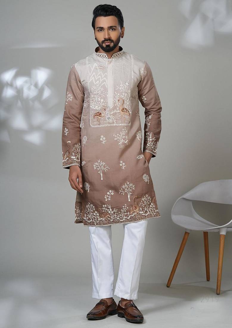 Multicolor blended cotton embroidered kurta pajama for mens