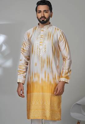 Yellow blended cotton embroidered kurta pajama for mens 2