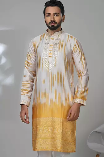 Yellow blended cotton embroidered kurta pajama for mens