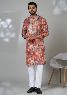 Multicolor blended cotton embroidered kurta pajama for mens 1