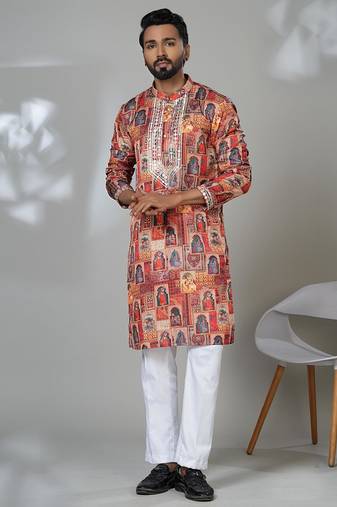 Multicolor blended cotton embroidered kurta pajama for mens