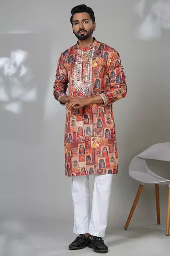 Multicolor blended cotton embroidered kurta pajama for mens