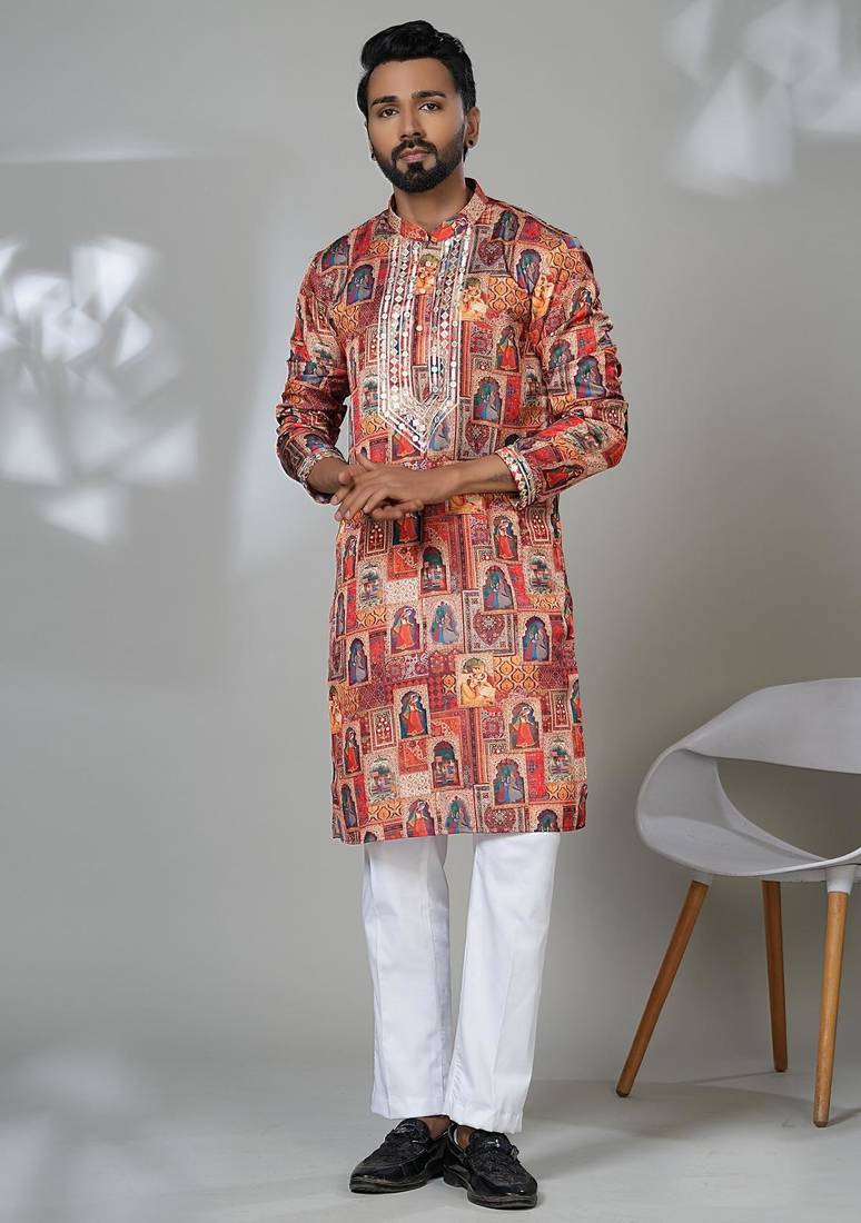 Multicolor blended cotton embroidered kurta pajama for mens