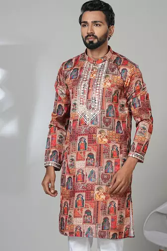 Multicolor blended cotton embroidered kurta pajama for mens