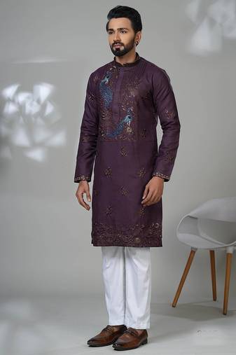 Red blended cotton embroidered kurta pajama for mens