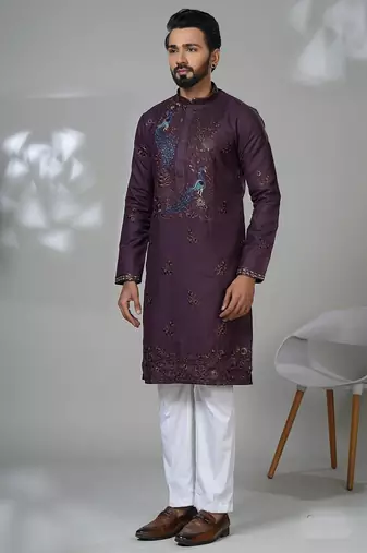 Red blended cotton embroidered kurta pajama for mens