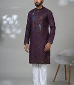 Red blended cotton embroidered kurta pajama for mens