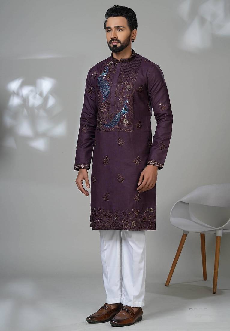 Red blended cotton embroidered kurta pajama for mens
