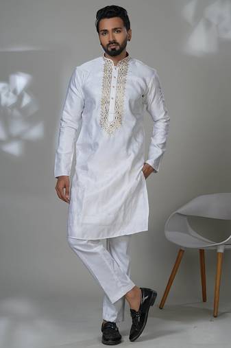 White blended cotton embroidered kurta pajama for mens