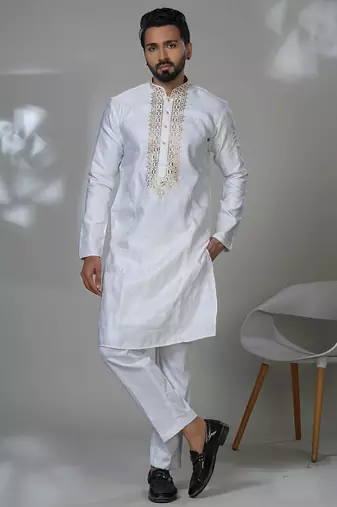 White blended cotton embroidered kurta pajama for mens