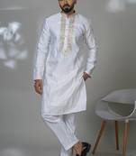 White blended cotton embroidered kurta pajama for mens