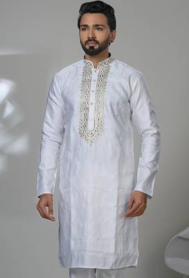 White blended cotton embroidered kurta pajama for mens 2