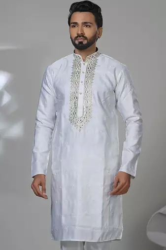 White blended cotton embroidered kurta pajama for mens