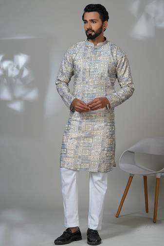 Grey silk embroidered kurta pajama for mens