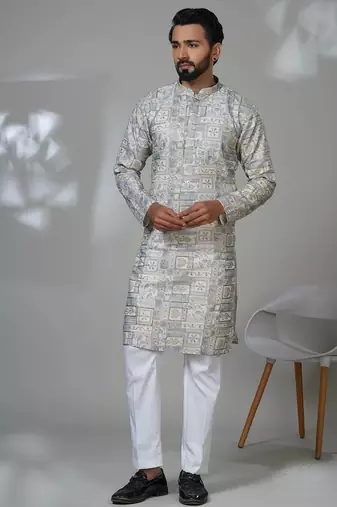 Grey silk embroidered kurta pajama for mens
