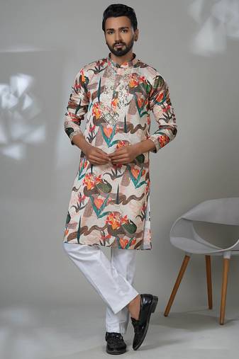 Multicolor blended cotton embroidered kurta pajama for mens
