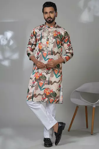Multicolor blended cotton embroidered kurta pajama for mens