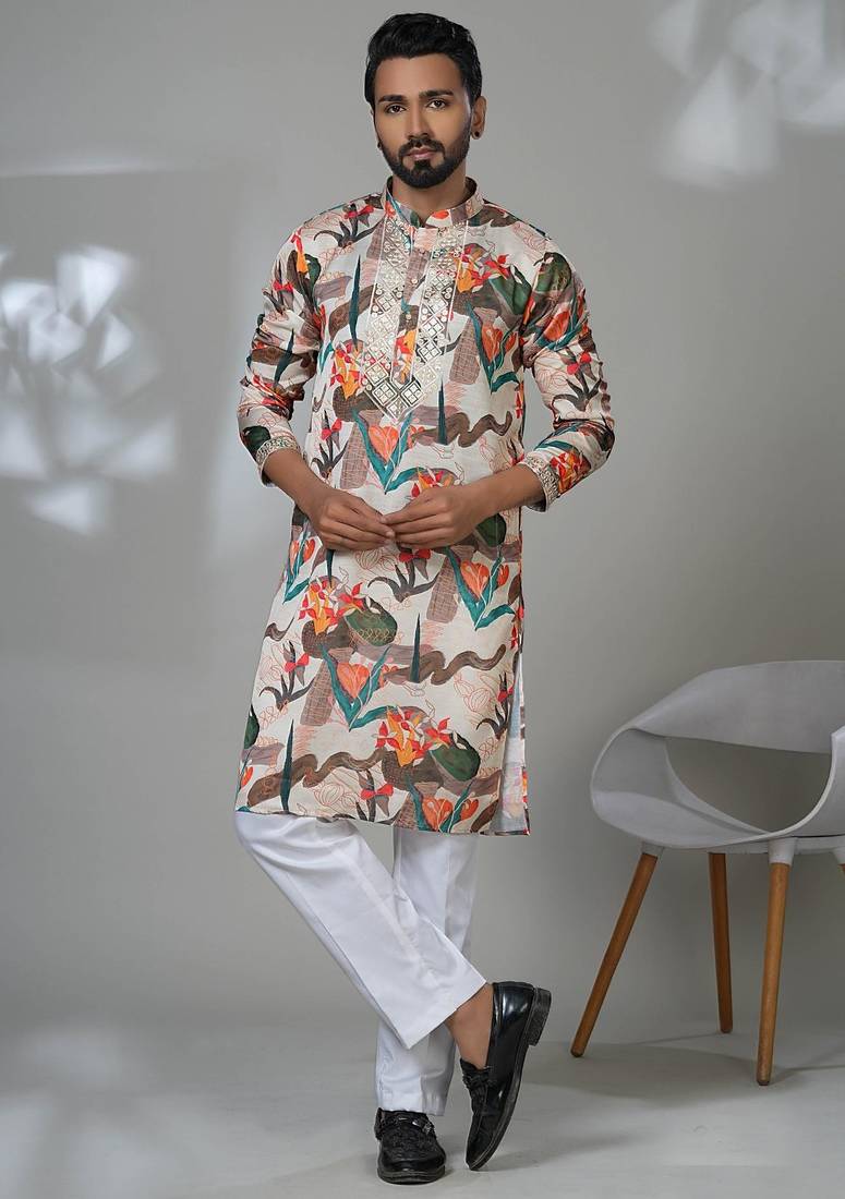 Multicolor blended cotton embroidered kurta pajama for mens