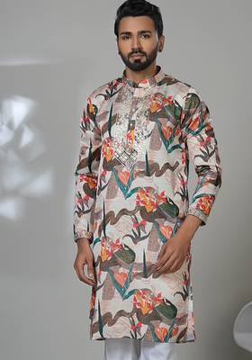 Multicolor blended cotton embroidered kurta pajama for mens 2