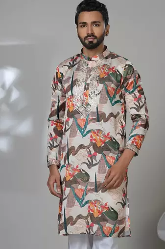 Multicolor blended cotton embroidered kurta pajama for mens