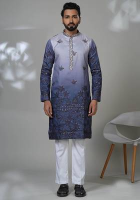Blue silk embroidered kurta pajama for mens 1