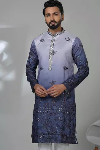 Blue silk embroidered kurta pajama for mens