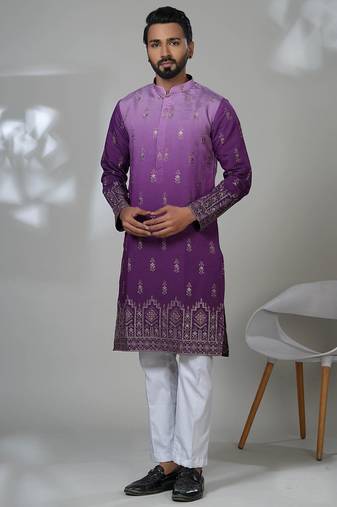 Purple blended cotton embroidered kurta pajama for mens