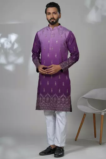 Purple blended cotton embroidered kurta pajama for mens