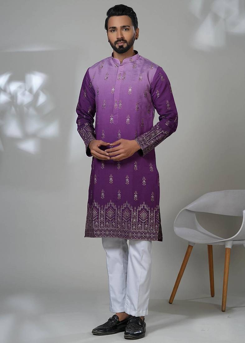 Purple blended cotton embroidered kurta pajama for mens