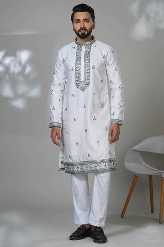 White blended cotton embroidered kurta pajama for mens