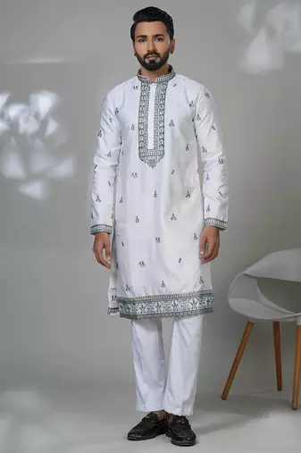 White blended cotton embroidered kurta pajama for mens