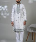 White blended cotton embroidered kurta pajama for mens