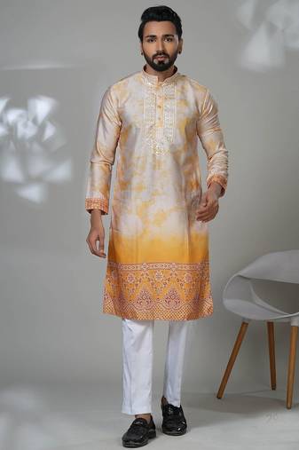 Yellow blended cotton embroidered kurta pajama for mens