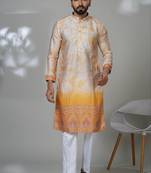 Yellow blended cotton embroidered kurta pajama for mens