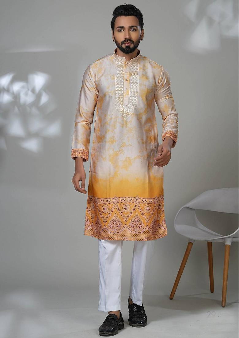 Yellow blended cotton embroidered kurta pajama for mens