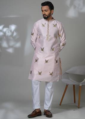 Pink silk embroidered kurta pajama for mens 1